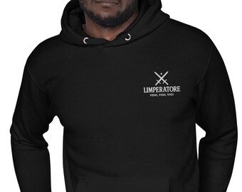 May include: Black hooded sweatshirt with a white logo featuring crossed swords and the text "LIMPERATORE VENI, VIDI, VICI". The sweatshirt has a drawstring hood and a front pocket. The fabric appears to be a soft, comfortable material.