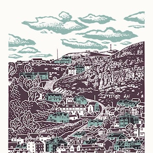 Llandudno A3 linocut poster-print in light blue and dark brown