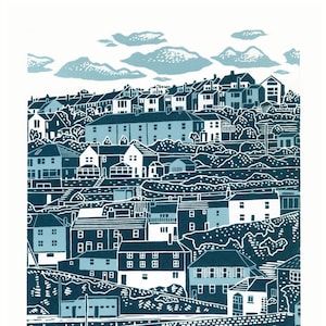Sérigraphie linogravure A3 bicolore à Mevagissey, Cornouailles