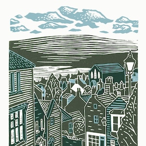 Robin Hood&#39;s Bay No.2 A3 linocut poster-print in grey and light blue