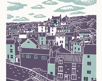 Staithes A3 linocut poster-print in dark mauve and light blue