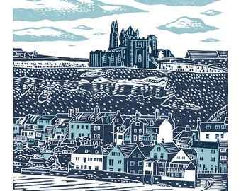 Whitby No.4 A3 linocut poster-print in light and dark blue