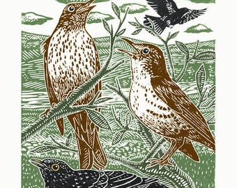 May include: A woodblock print of three birds perched on branches. The birds are brown and black with white spots. The background is green with a blue sky and white clouds.