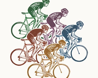 Peloton A3 linocut posterprint in blue, yellow, red, green and pink