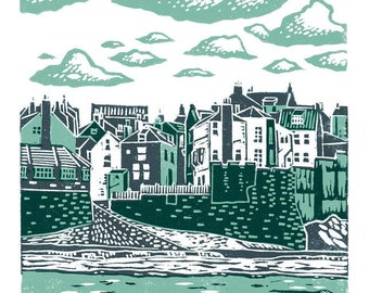 Robin Hood's Bay A3 linocut poster-print in teal and dark blue