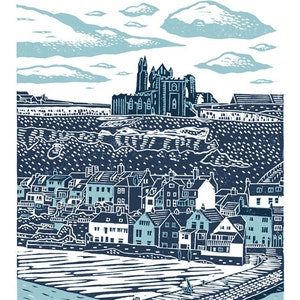Whitby No.4 A3 linocut poster-print in light and dark blue