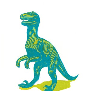 Deinonychus! - Dinosaur A3 linocut poster print blue and lime green