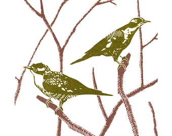 Two Cuckoos - A3 poster print - from a linocut - green and brown