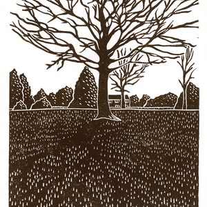 Tree Study No.2 (Clay Wood) linocut print in dark brown