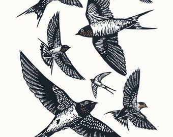 Swallows A3 linocut poster-print