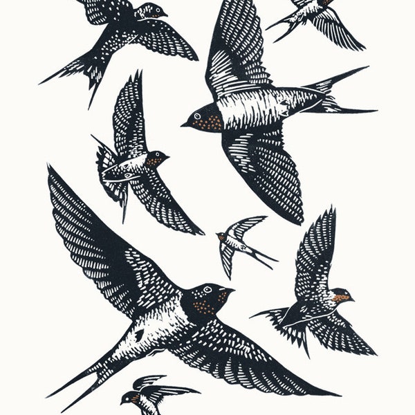 Swallows A3 linocut poster-print