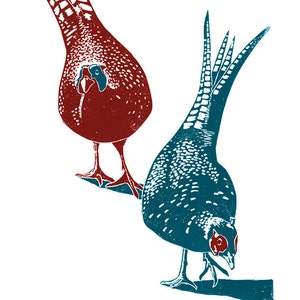 Pheasants A3 poster print - from a linocut - red and blue