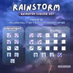 May include: An animated cursor set named "RAINSTORM" with 28 cursors. It includes 17 full sets and bonus options for left-handed users. The cursors are various shades of blue and purple, featuring icons such as arrows, question marks, and a rain cloud.