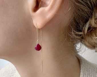 Genuine Ruby Earrings, Ruby Birthstone Jewelry, July Birthstone Earrings, Thread Earrings, Silver Ruby Earrings