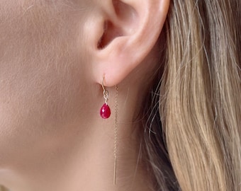 Gold Ruby Earrings,  Genuine Ruby Jewelry, July Birthstone Earrings, Thread Earrings