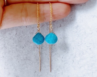 Gold Turquoise Earrings, Genuine Turquoise Jewelry, December Birthstone Earrings, Thread Earrings