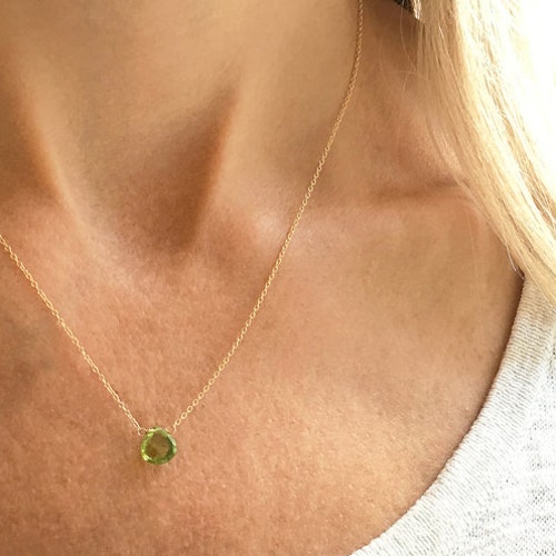Baby Gift Birthday Handmade Gold and Green Peridot Short Layering Choker Necklace Pregnancy Graduation Present for Girl Yellow Gold Fill Woman August Birthstone Teen 14 Inches Long 