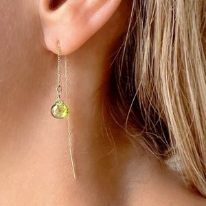 Genuine Peridot Earrings, Peridot Birthstone Earrings, Dainty Gold Peridot Jewelry, Thread Earrings