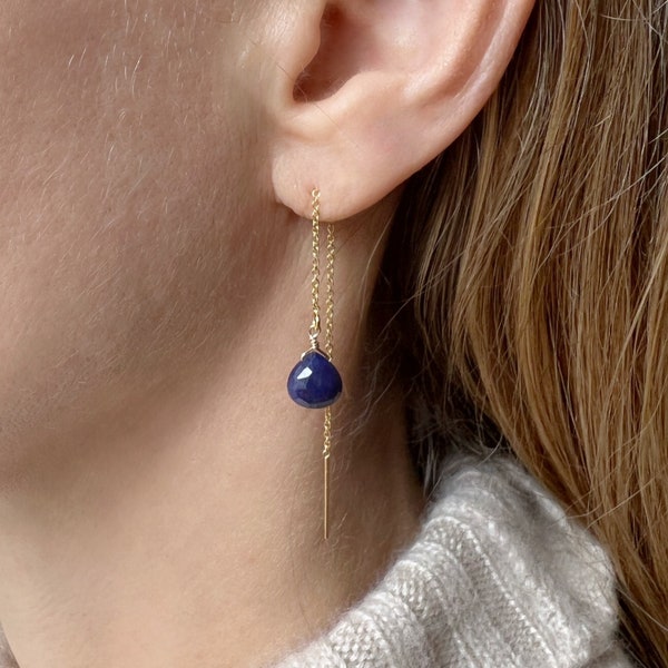 Genuine Sapphire Earrings, Dainty Gold Sapphire Jewelry, September Birthstone Earrings, Thread Earrings