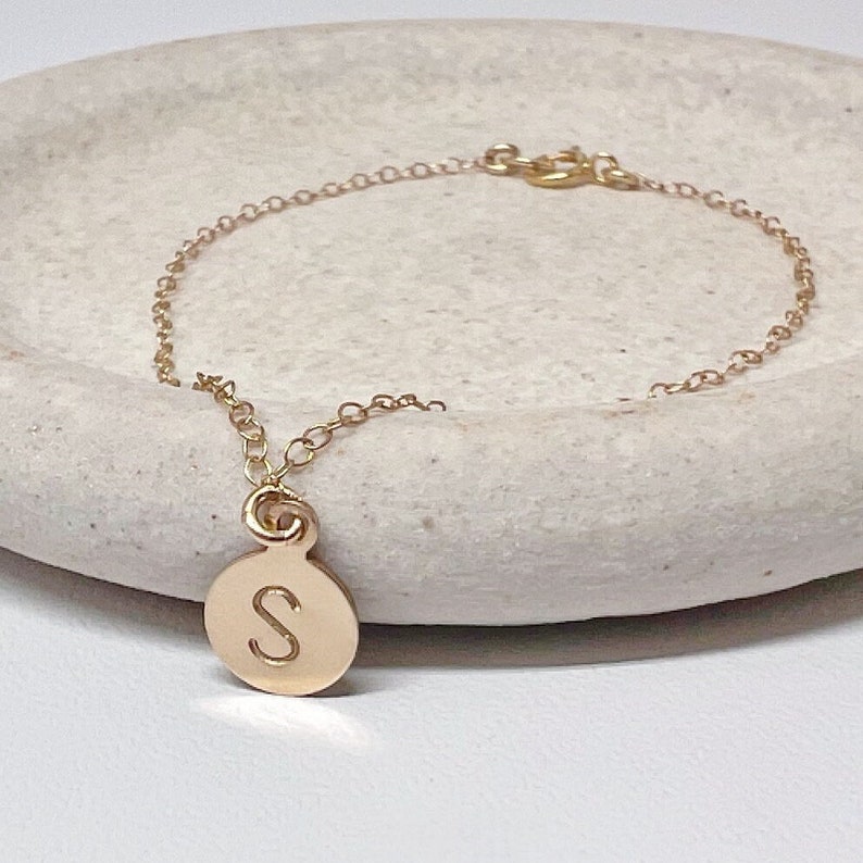 Gold Initial Bracelet, Dainty Initial Bracelet, Tiny Personalized Disc Bracelet image 5