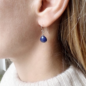 Silver Sapphire Earrings, Sapphire Drop Earrings, September Birthstone Earrings, Sapphire Jewelry, Simple Sapphire Dangling Earrings