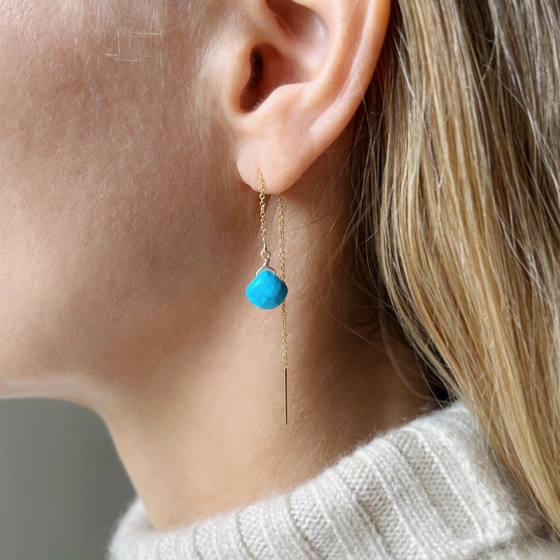 Turquoise and Gold Earrings, Turquoise Earrings Sterling Silver, December Birthstone Earrings, Thread Earrings image 2