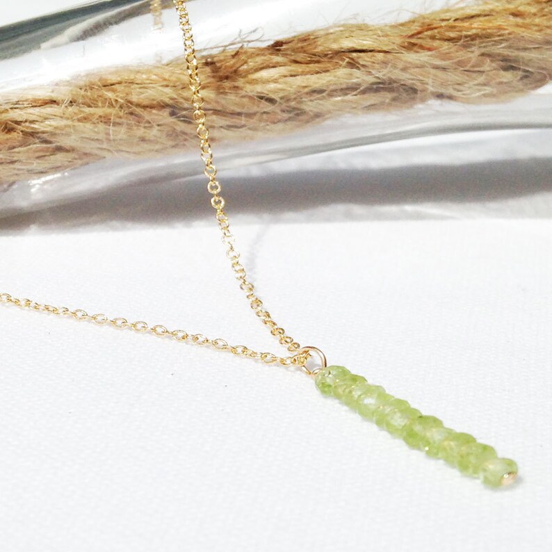 Peridot Necklace Bar Necklace Vertical Bar Necklace Hanging Gem Necklace 14k gold filled Dainty Necklace image 1