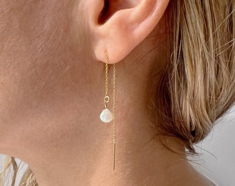 Opal Earrings Dangle, Dainty Threader Earrings, Gold Opal Jewelry, October Birthstone Earrings