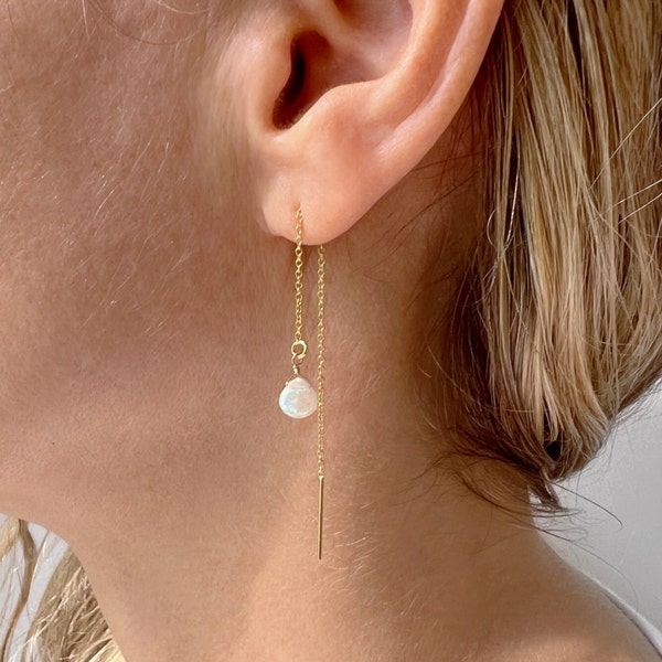 Opal Earrings Dangle, Dainty Gold Opal Jewelry, October Birthstone Earrings, Thread Earrings