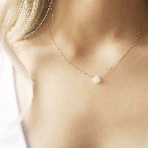 Dainty White Opal Necklace, October Birthstone Jewelry, Gold, Rose Gold, Silver Minimalist Necklace. Personalized Gemstone Gift for Her