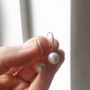 Pearl hoop earrings, Solid Gold Earrings, Small Hoop Earrings, 14k Gold Earrings, Dainty Hoop Earrings, June Birthstone Earrings image 2
