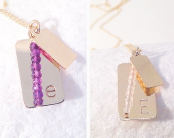 Gold Initial Necklace - Gold Letter Necklace - Gold Birthstone Necklace - Tag Necklace - Bar Necklace - Charm Necklace - Birthstones