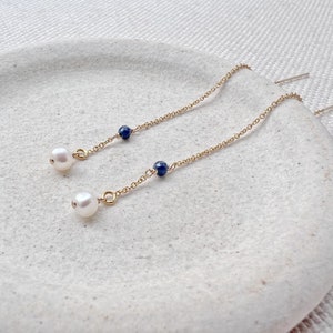 Sapphire and Pearl Earrings, Hanging Pearl Earrings, Pearl Drop Earrings, September Birthstone Earrings, Sapphire Drop Earrings