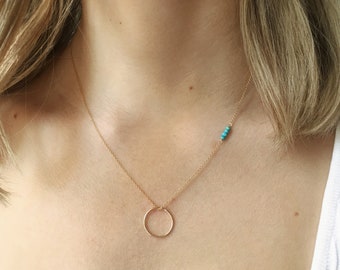 December Birthstone Necklace, Gold Turquoise Necklace with a Circle, Turquoise Jewelry,  Layered Necklace, Dainty Necklace, Beaded Necklace