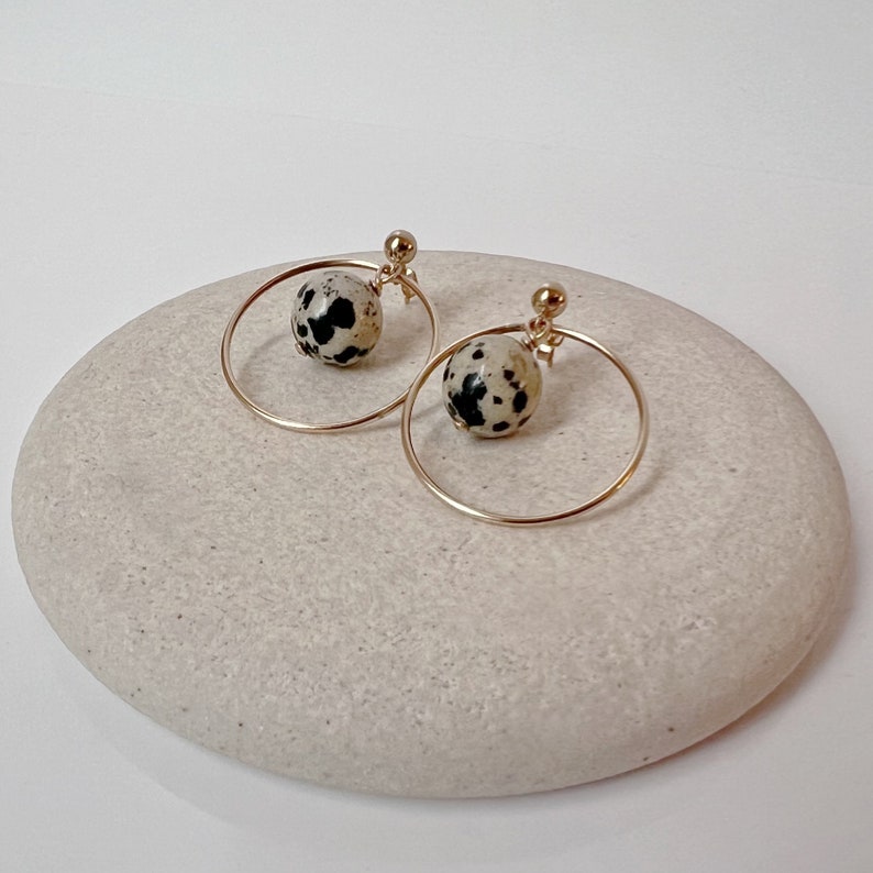 Mid Century Modern Earrings, Jasper Earrings, Circle Stud Earrings, Gold Hoop Earrings, Jasper Jewelry image 2