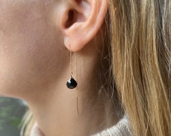 Black Onyx Earrings, Onyx Dangle Earrings, Dainty Gold Onyx Jewelry, Handmade Earrings, Thread Earrings