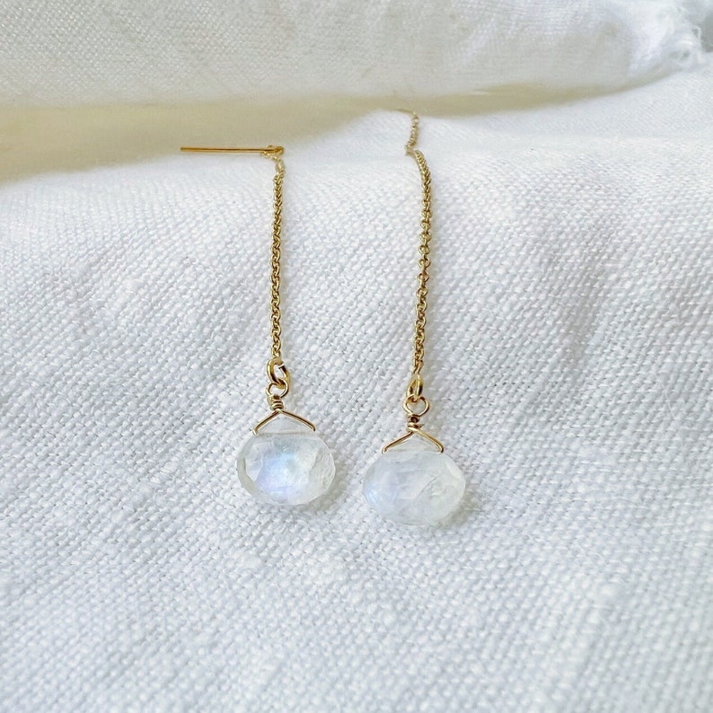 Moonstone Earrings, Dainty Gold Moonstone Jewelry, June Birthstone Earrings, Thread Earrings image 2