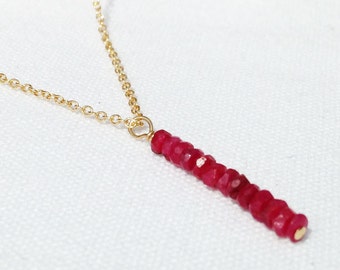 Ruby Bar Necklace - Vertical Bar Necklace - Hanging Gem Necklace -14k gold filled - Genuine Stone