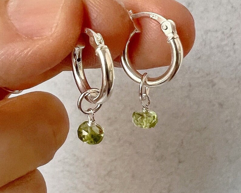 Peridot Hoop Earrings, Peridot Earrings, Birthstone Earrings for Mom, Silver Hoop Earrings, Dainty Earrings, August Birthstone Jewelry image 1