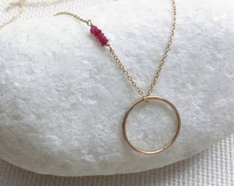 Dainty Ruby Necklace, Natural Ruby Necklace, Gold Circle Necklace, Genuine Ruby, July Birthstone Necklace, Raw Ruby Necklace