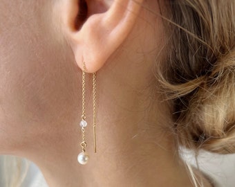Dainty Moonstone Earrings, Minimalist Pearl Earrings, Gold Moonstone Jewelry, June Birthstone Earrings, Thread Earrings