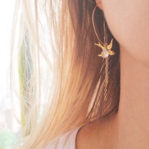 Gold Hoop Earrings, Large Hoop Earrings, Minimalist Bird Earrings, Crystal Earrings, Gemstone Earrings