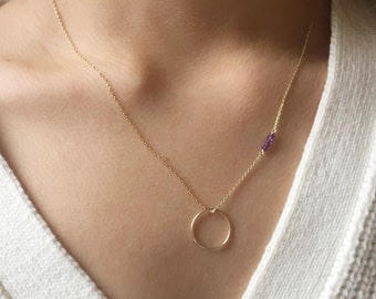 Amethyst Beaded Necklace, Amethyst Bar Necklace, February Birthstone Necklace, Dainty Circle Necklace