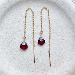 Garnet Earrings, Dainty Gold Garnet Jewelry, Garnet Dangle Earrings,  January Birthstone Earrings, Thread Earrings