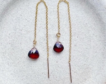 Garnet Earrings, Dainty Gold Garnet Jewelry, Garnet Dangle Earrings,  January Birthstone Earrings, Thread Earrings