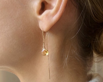 Citrine Earrings Dangle, Dainty Gold Citrine Jewelry, November Birthstone Earrings, Thread Earrings