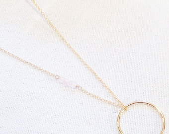 Rose Quartz Bar Necklace - Gold Filled Rose Quartz Necklace - Pink Stone -  Gold Circle necklace - Gold filled - Dainty Necklace