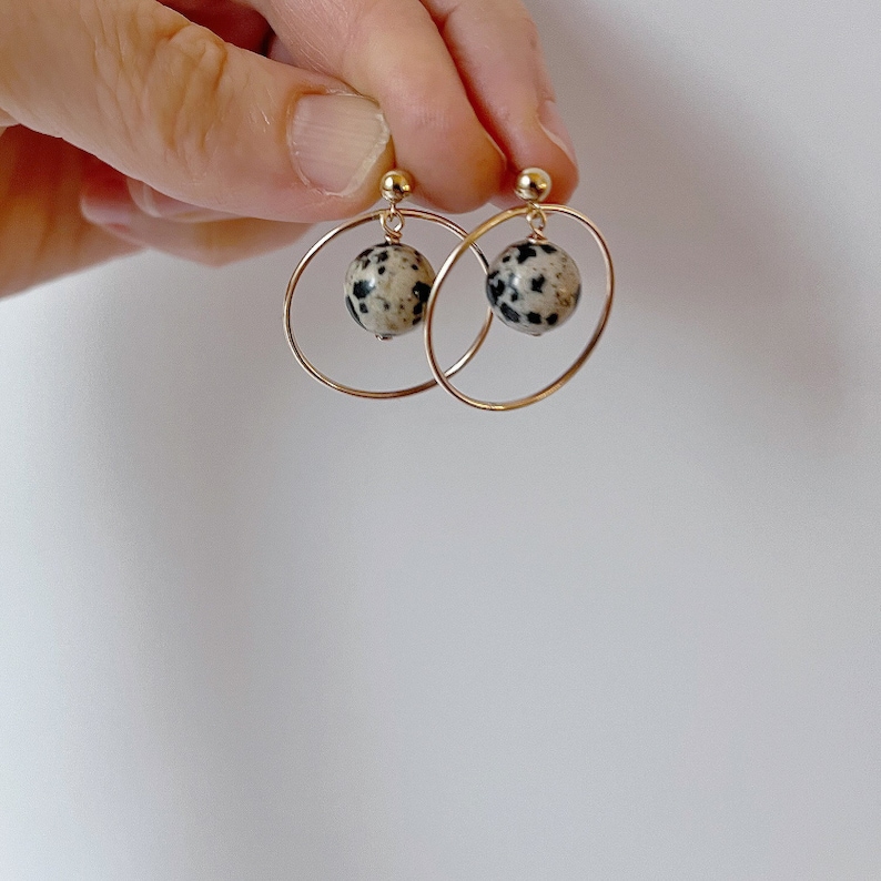 Mid Century Modern Earrings, Jasper Earrings, Circle Stud Earrings, Gold Hoop Earrings, Jasper Jewelry image 3