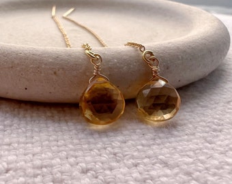 Citrine Earrings Dangle, Dainty Gold Citrine Jewelry, November Birthstone Earrings, Thread Earrings