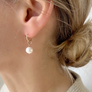 Pearl hoop earrings, Solid Gold Earrings, Small Hoop Earrings, 14k Gold Earrings, Dainty Hoop Earrings, June Birthstone Earrings image 1